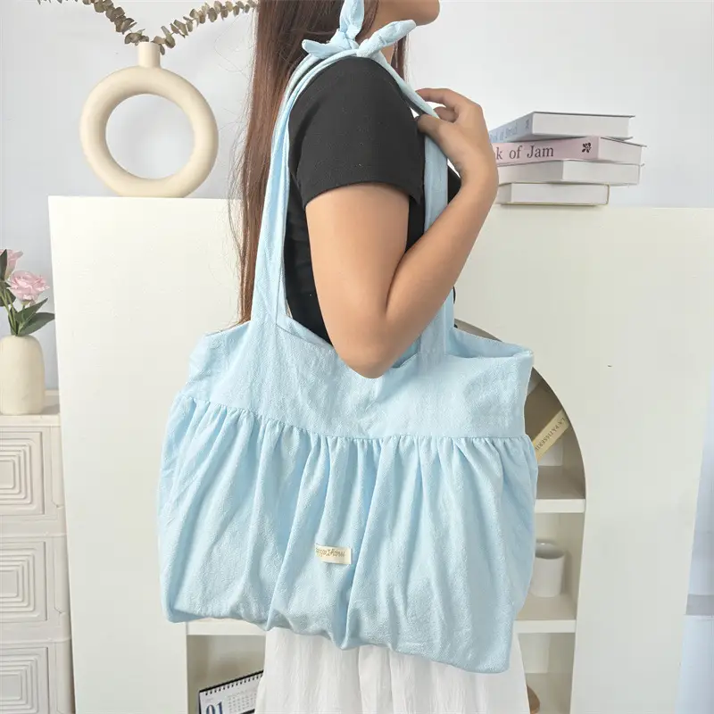 White Pleated Shoulder Bag Large Capacity Korean Canvas - Image 7