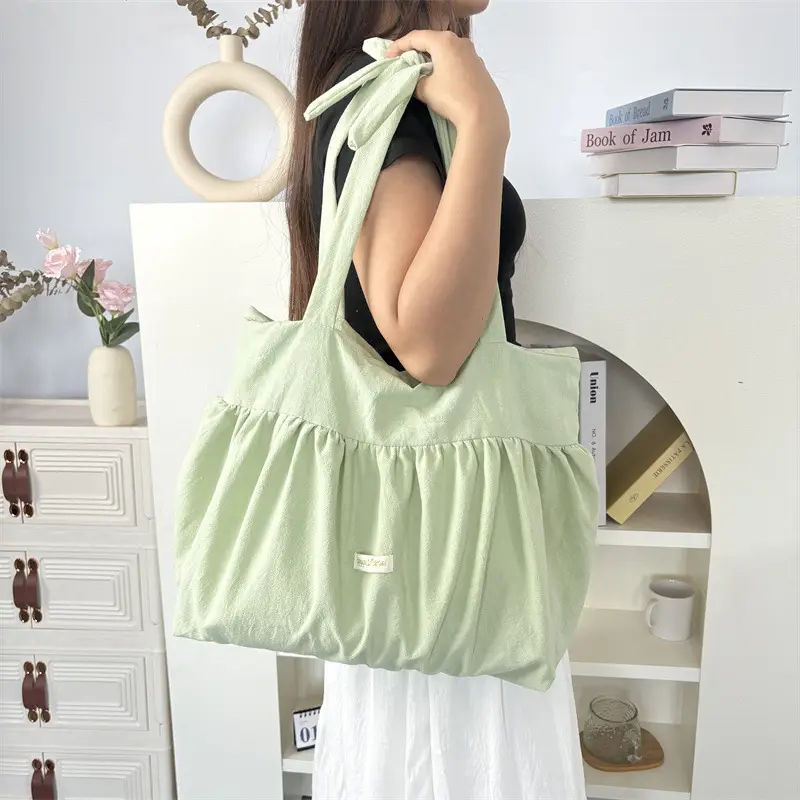 White Pleated Shoulder Bag Large Capacity Korean Canvas - Image 8