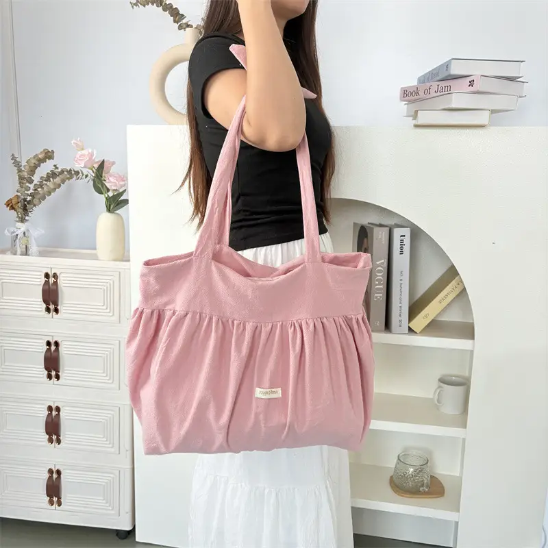 White Pleated Shoulder Bag Large Capacity Korean Canvas - Image 9