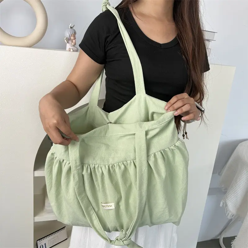 White Pleated Shoulder Bag Large Capacity Korean Canvas — feature 30