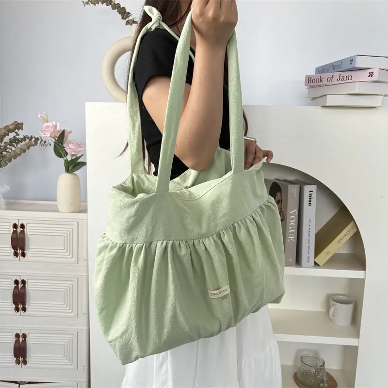 White Pleated Shoulder Bag Large Capacity Korean Canvas — feature 32