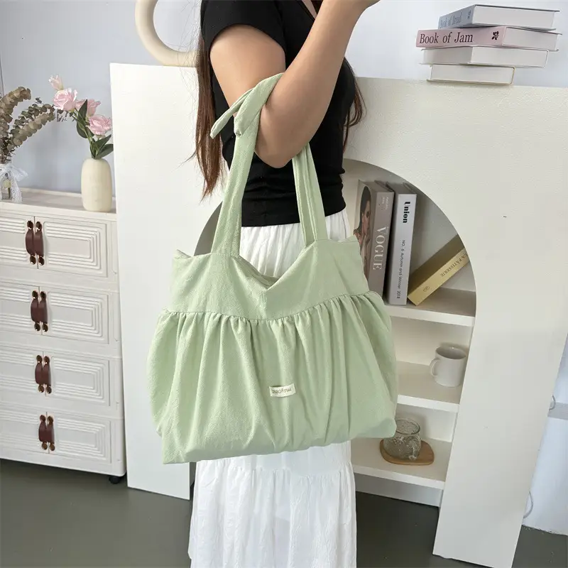 White Pleated Shoulder Bag Large Capacity Korean Canvas — feature 34