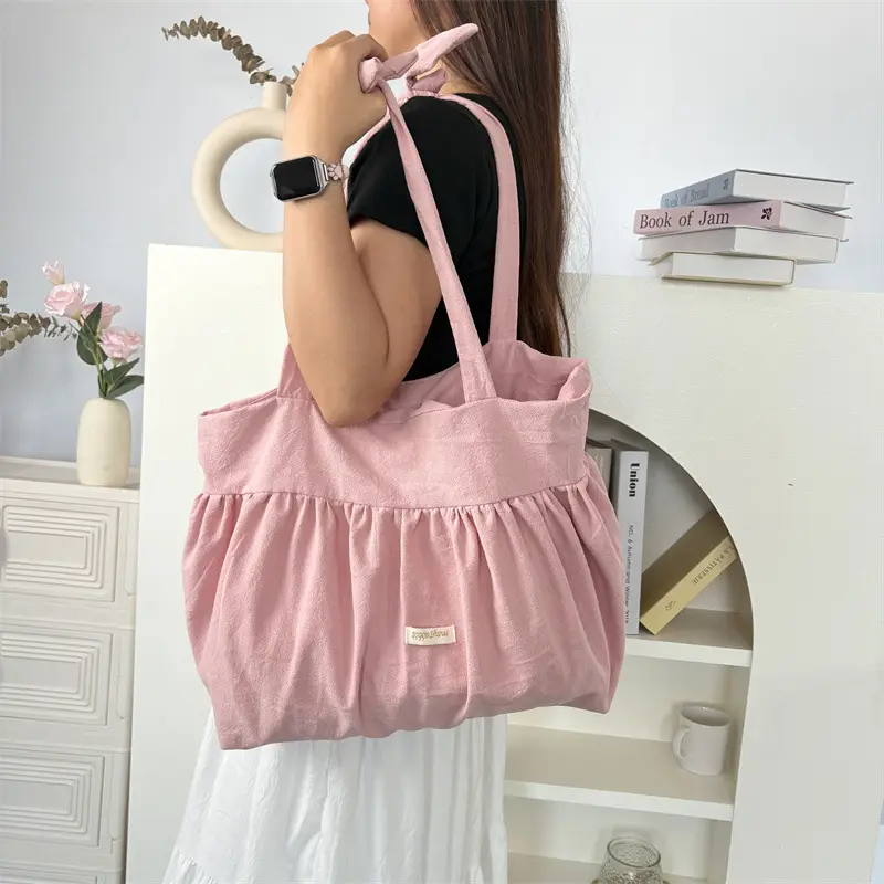 White Pleated Shoulder Bag Large Capacity Korean Canvas — feature 42