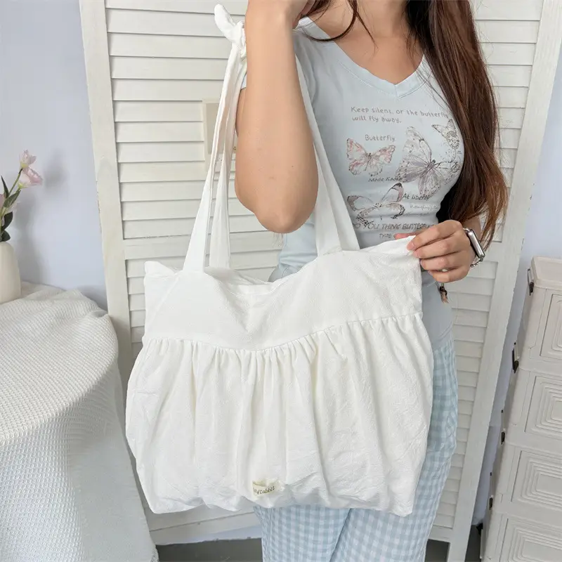 White Pleated Shoulder Bag Large Capacity Korean Canvas — feature 46