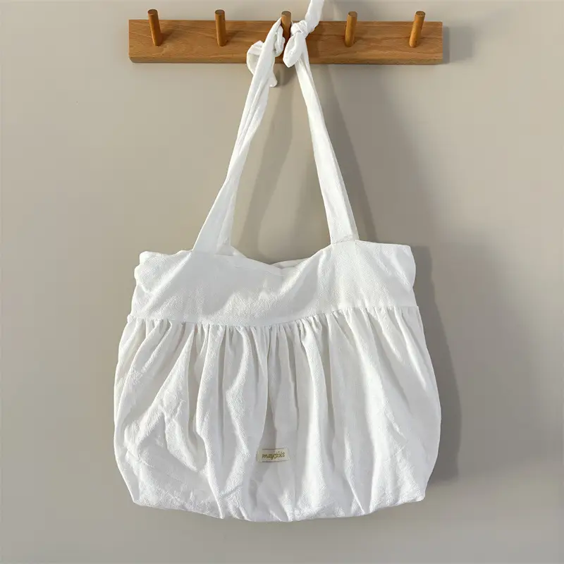 White Pleated Shoulder Bag Large Capacity Korean Canvas — feature 50