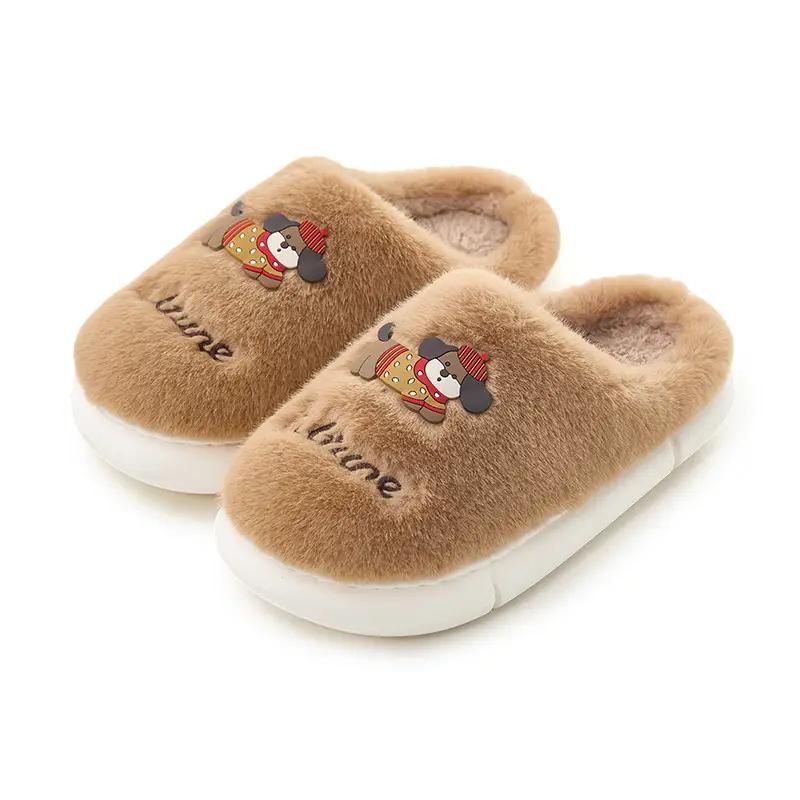 Cute Dog Cotton Slippers for Women, Autumn and Winter, Couple's Home Plush Fleece Warm Non-Slip Cartoon Closed-Toe Slippers