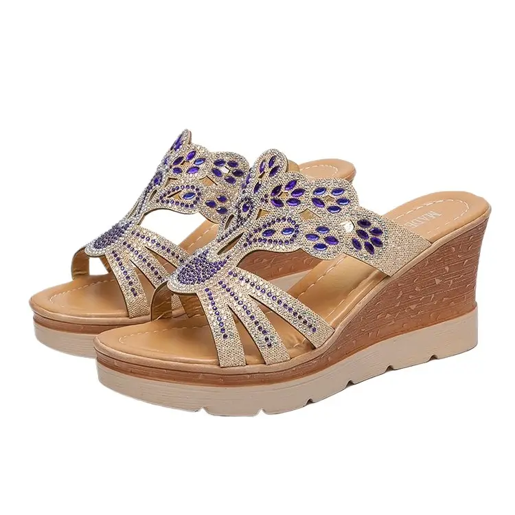 Summer New Style Rhinestone High Heel Wedge Sandals for Women Platform Thick Sole Slippers Wedge Heel Large Size Sandals Wholesale - Image 7