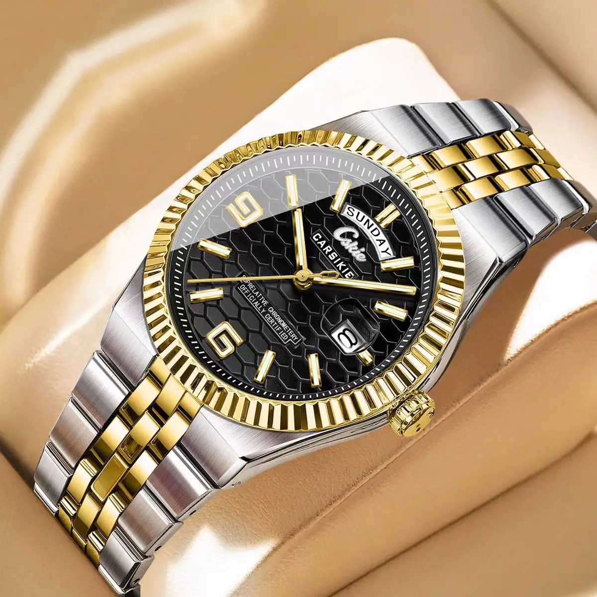 Men's Gold Silver Quartz Watch with Calendar & Waterproof Design - Image 7