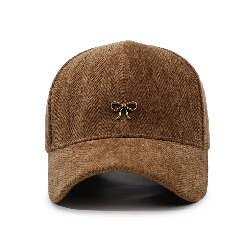 Women's Brown Bowknot Cap with Gold Embroidery - Image 9