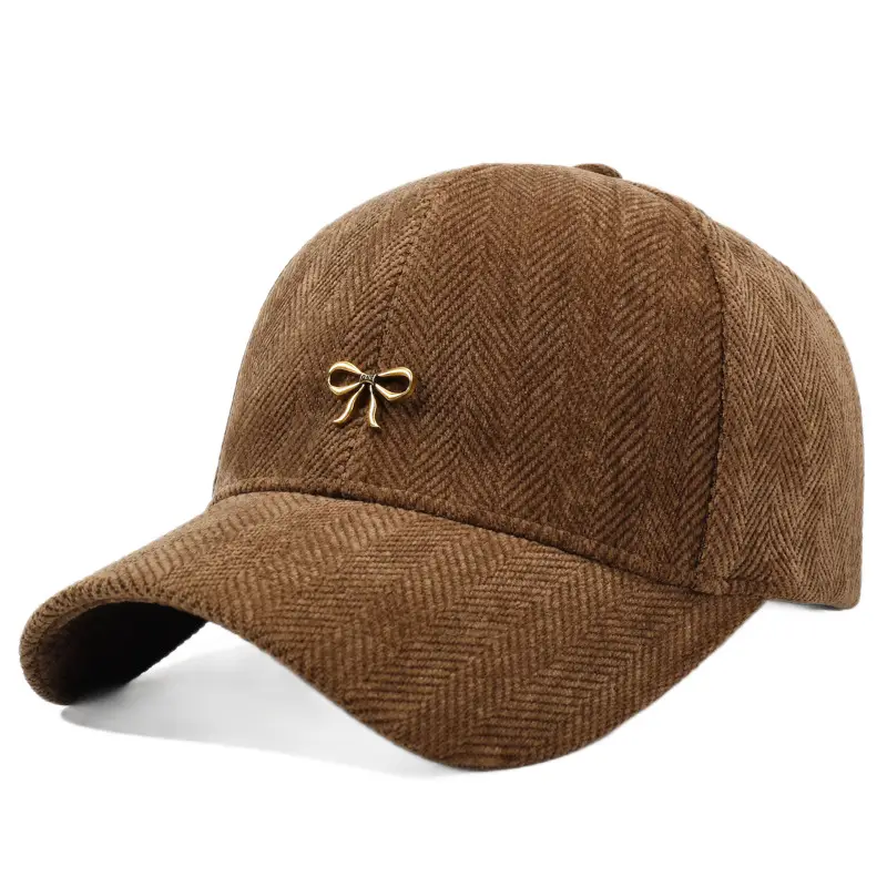 Women's Brown Bowknot Cap with Gold Embroidery - Image 11