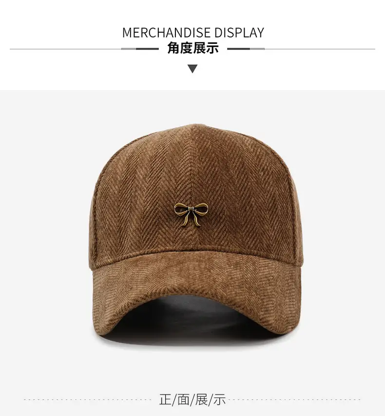 Women's Brown Bowknot Cap with Gold Embroidery — feature 8