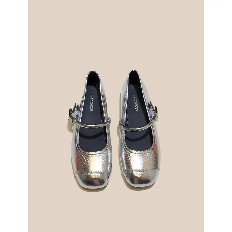 French Style Mary Jane Shoes with Skirts, Women's Shoes 2025 Spring & Fall New Korean Style Flats Bean Shoes Silver Small Leather Shoes - Image 6