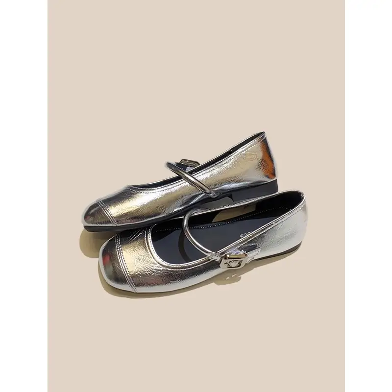 French Style Mary Jane Shoes with Skirts, Women's Shoes 2025 Spring & Fall New Korean Style Flats Bean Shoes Silver Small Leather Shoes - Image 7