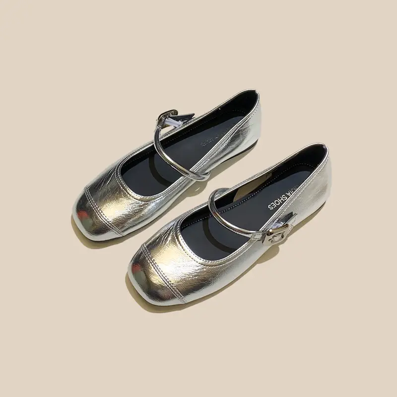 French Style Mary Jane Shoes with Skirts, Women's Shoes 2025 Spring & Fall New Korean Style Flats Bean Shoes Silver Small Leather Shoes - Image 3