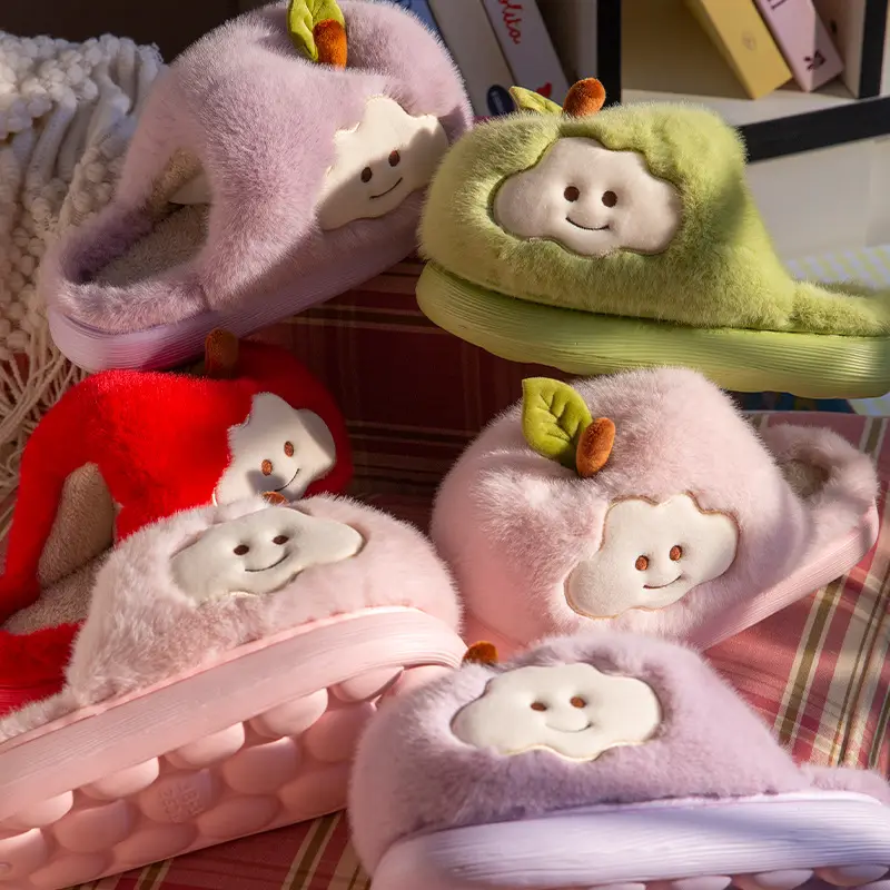 Cute Apple Cotton Slippers for Women Autumn and Winter 2025 New Indoor Home Plus Plush Anti-Slip Postpartum Slippers - Image 7
