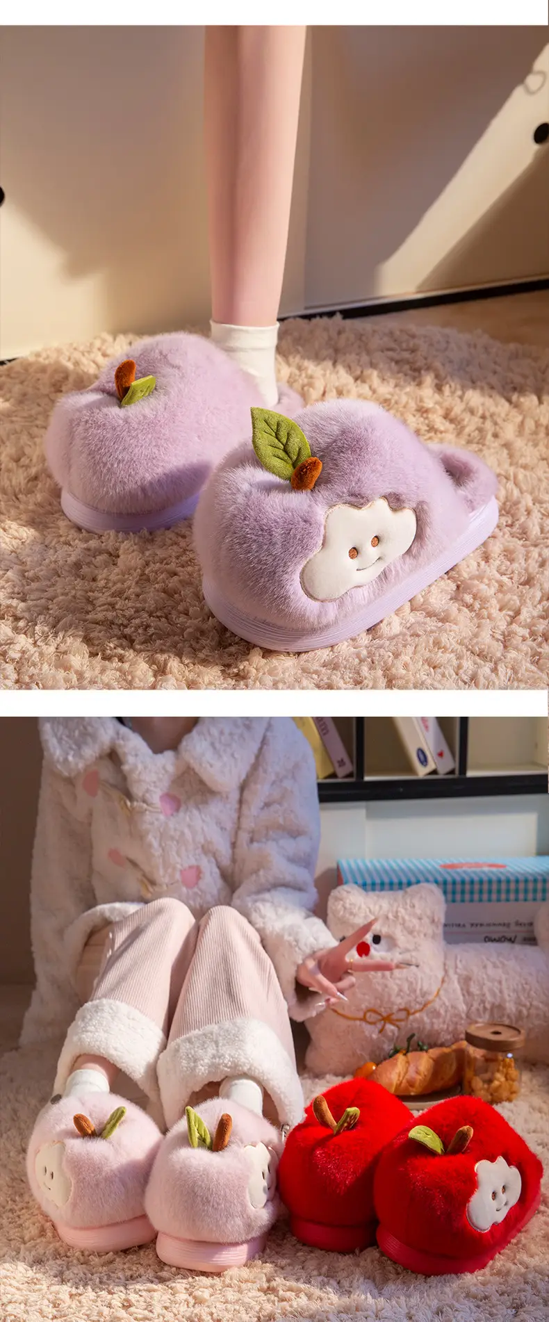 Cute Apple Cotton Slippers for Women Autumn and Winter 2025 New Indoor Home Plus Plush Anti-Slip Postpartum Slippers — feature 8
