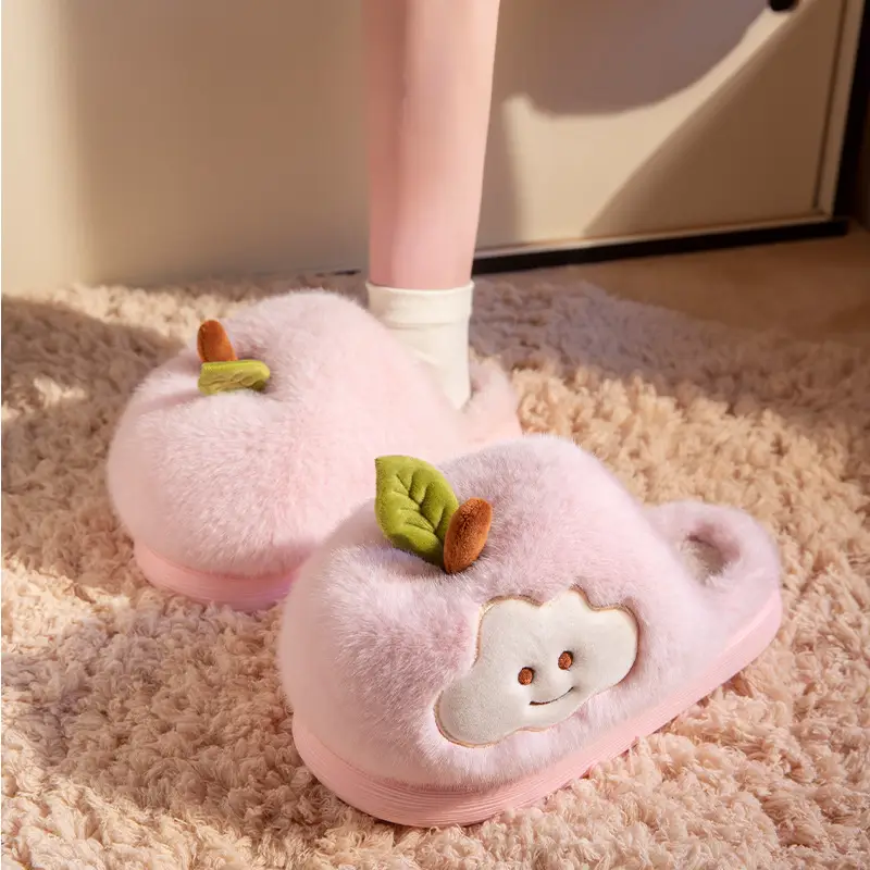 Cute Apple Cotton Slippers for Women Autumn and Winter 2025 New Indoor Home Plus Plush Anti-Slip Postpartum Slippers - Image 3