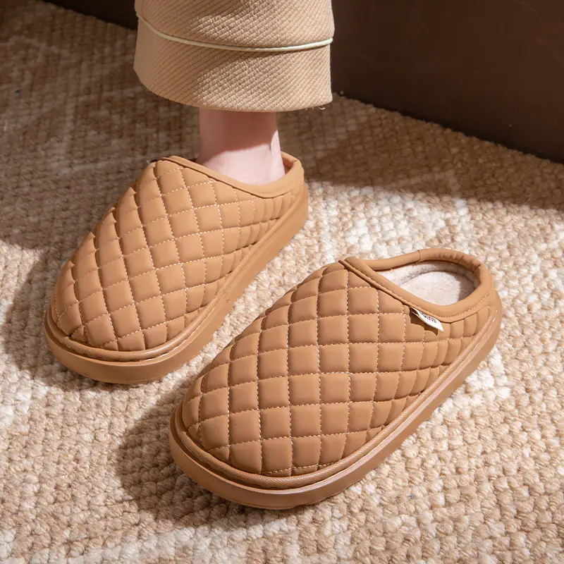 Waterproof Cotton Slippers Women Winter Warm Indoor Home Shoes Pu Lightweight Stuffed Slippers Non-Slip Thick Ladies Cotton Shoes - Image 3