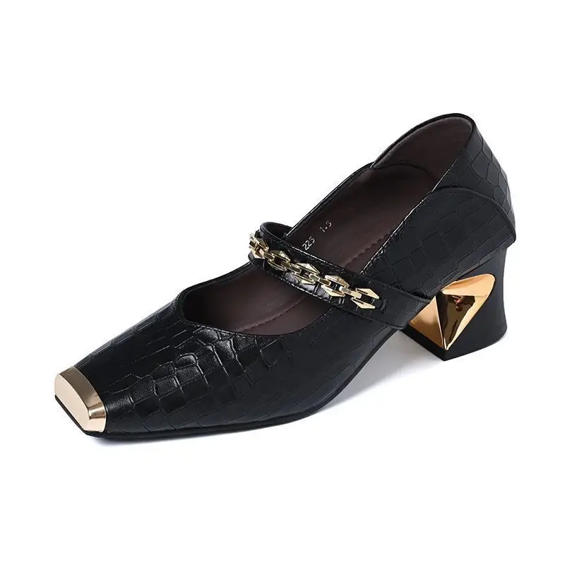 Square Toe Shallow Mouth Thick Heel Flats for Women 2025 Spring & Fall New Style Metal Chain Soft Leather One-Leg Mid-Heel Small Leather Shoes - Image 7