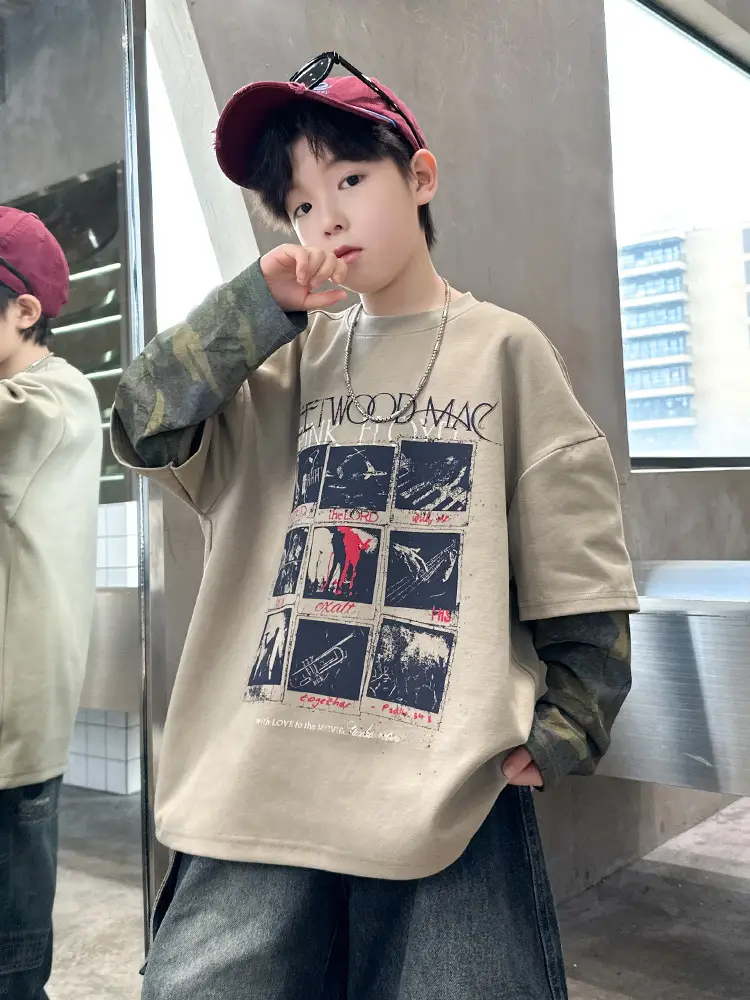 Spring Long Sleeve T-Shirt for Boys Kids Grey Graphic Tee - Image 3