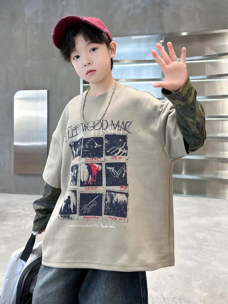 Spring Long Sleeve T-Shirt for Boys Kids Grey Graphic Tee - Image 5