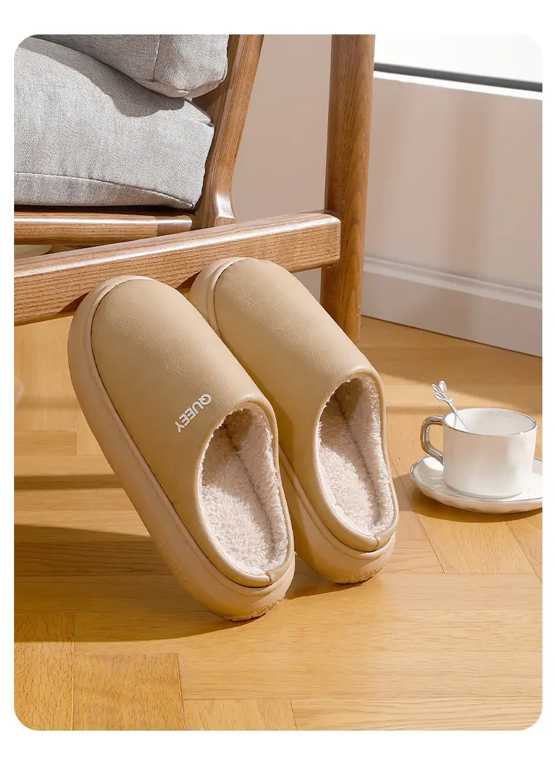Waterproof Cotton Slippers for Men in Winter New Style Indoor Home Fleece-Lined Warm Pu Leather Non-Slip Thick Sole Baotou Cotton Slippers for Women in Winter — feature 12