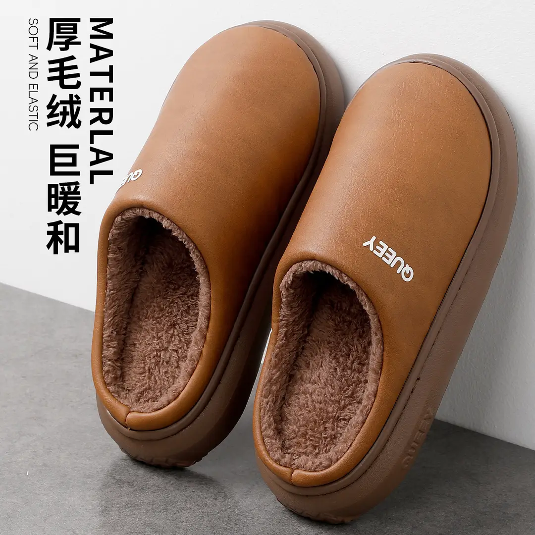 Waterproof Cotton Slippers for Men in Winter New Style Indoor Home Fleece-Lined Warm Pu Leather Non-Slip Thick Sole Baotou Cotton Slippers for Women in Winter - Image 3