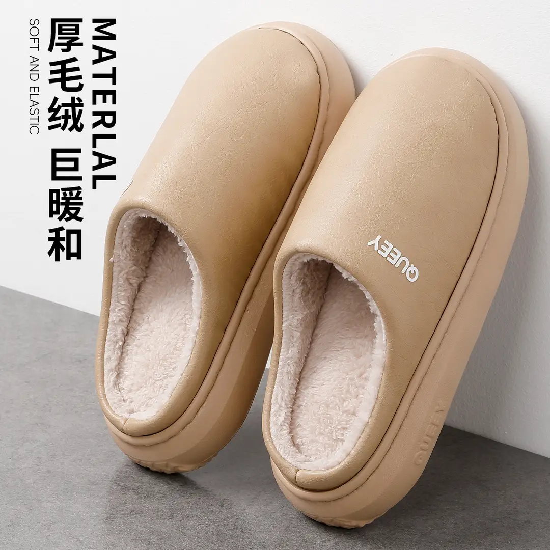 Waterproof Cotton Slippers for Men in Winter New Style Indoor Home Fleece-Lined Warm Pu Leather Non-Slip Thick Sole Baotou Cotton Slippers for Women in Winter - Image 4