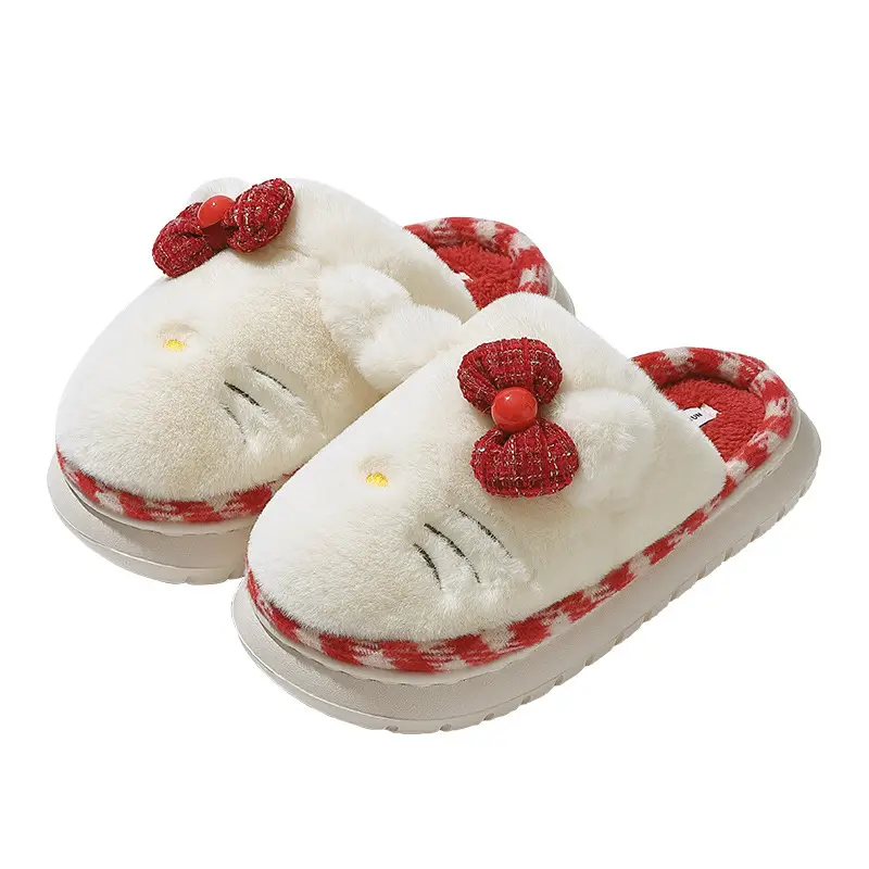 Women Winter Cartoon Cotton Slippers Warm Red White - Image 7