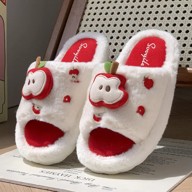 New Cute Cartoon Apple Open Plush Slippers for Women Winter Indoor Home Fleece-Lined Warm Anti-Slip Cotton Slippers - Image 5