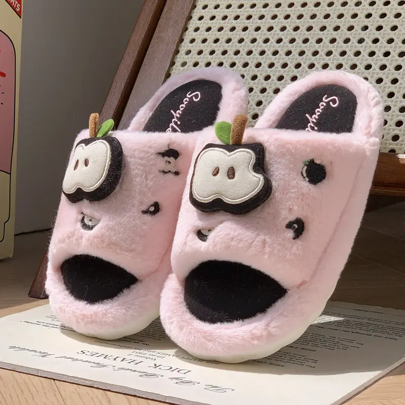 New Cute Cartoon Apple Open Plush Slippers for Women Winter Indoor Home Fleece-Lined Warm Anti-Slip Cotton Slippers - Image 6