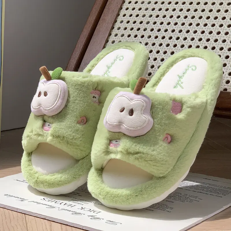 New Cute Cartoon Apple Open Plush Slippers for Women Winter Indoor Home Fleece-Lined Warm Anti-Slip Cotton Slippers - Image 7