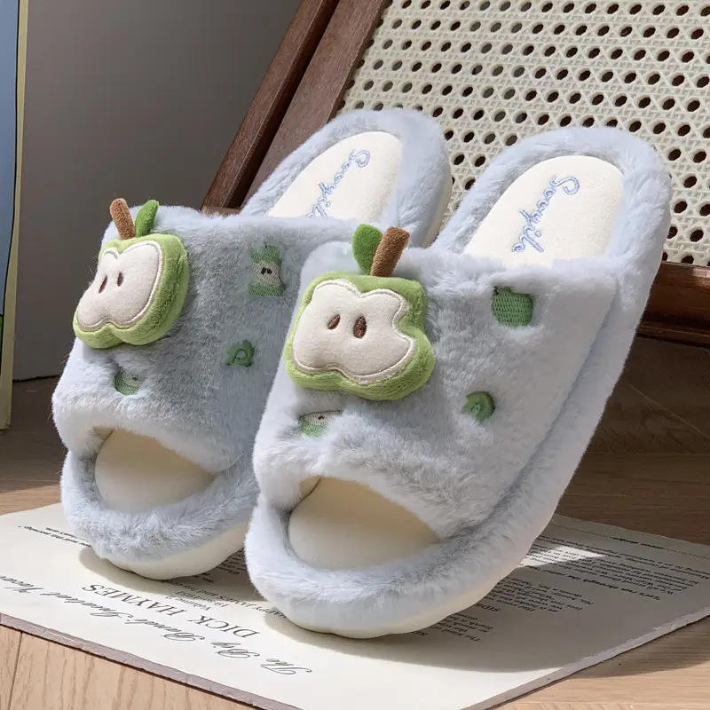 New Cute Cartoon Apple Open Plush Slippers for Women Winter Indoor Home Fleece-Lined Warm Anti-Slip Cotton Slippers - Image 8