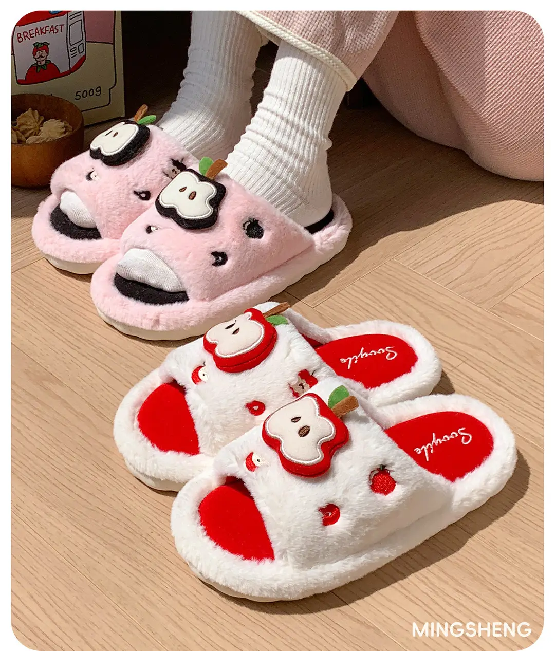 New Cute Cartoon Apple Open Plush Slippers for Women Winter Indoor Home Fleece-Lined Warm Anti-Slip Cotton Slippers — feature 4