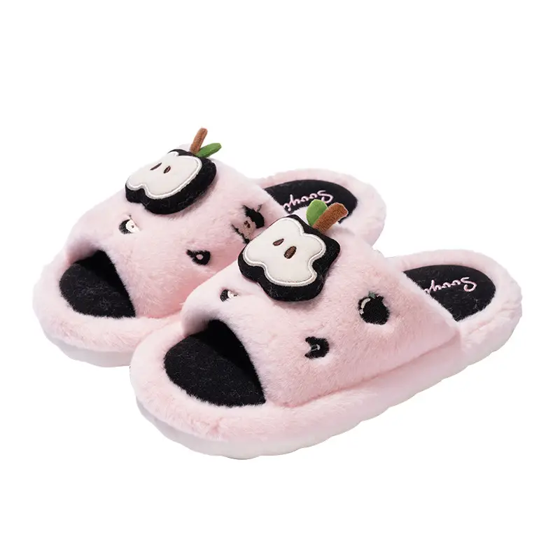 New Cute Cartoon Apple Open Plush Slippers for Women Winter Indoor Home Fleece-Lined Warm Anti-Slip Cotton Slippers - Image 2
