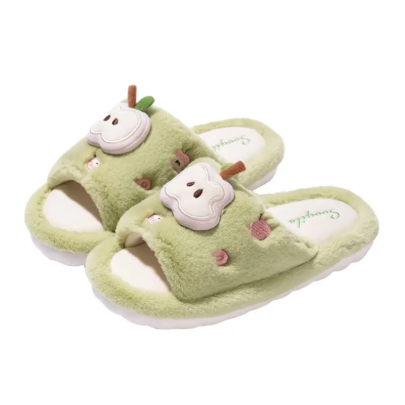 New Cute Cartoon Apple Open Plush Slippers for Women Winter Indoor Home Fleece-Lined Warm Anti-Slip Cotton Slippers - Image 3