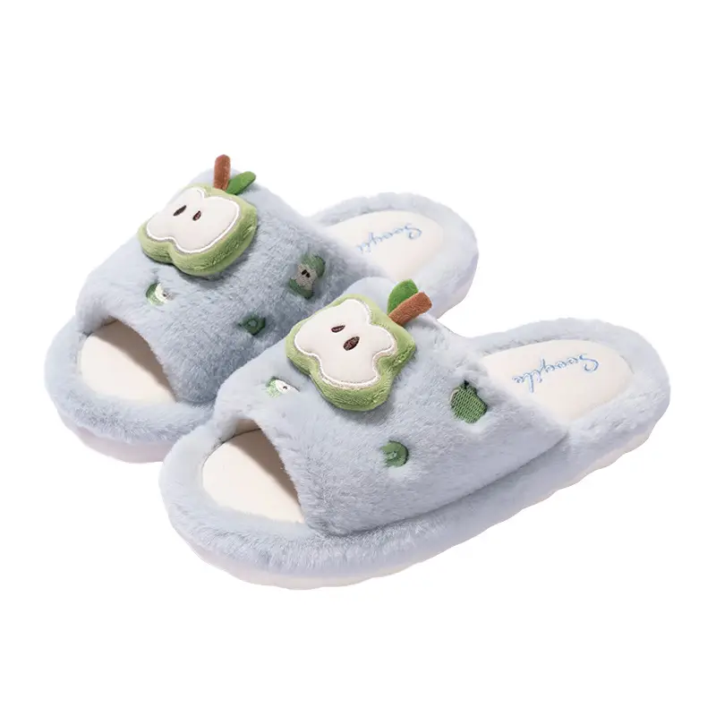 New Cute Cartoon Apple Open Plush Slippers for Women Winter Indoor Home Fleece-Lined Warm Anti-Slip Cotton Slippers - Image 4