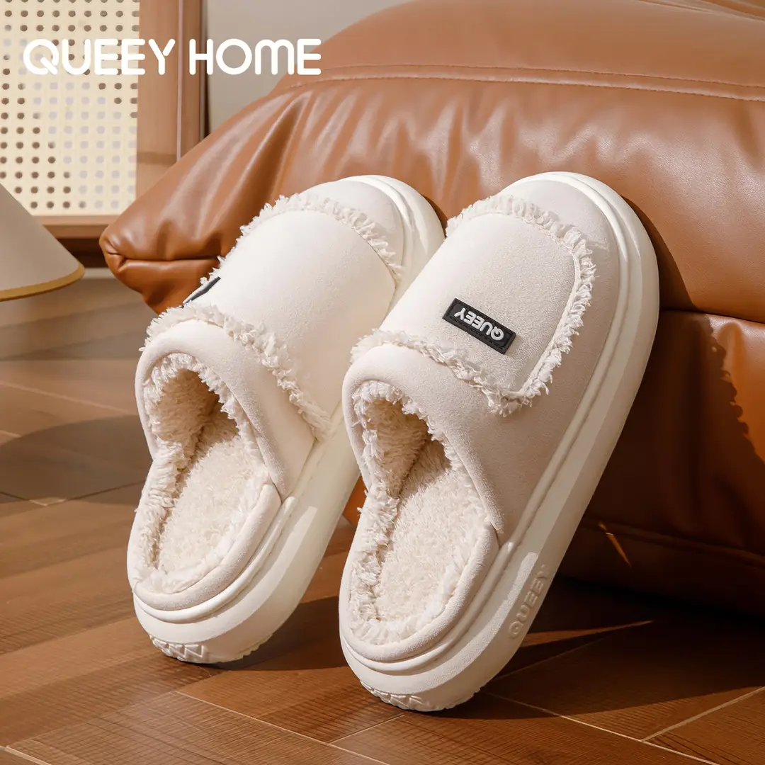 Women's Cotton Slippers for Autumn and Winter, Closed-Toe, Warm, Plush, Thickened, Soft Sole, Non-Slip, Comfortable for Stepping on Poop, Couple's Home Slippers for Men