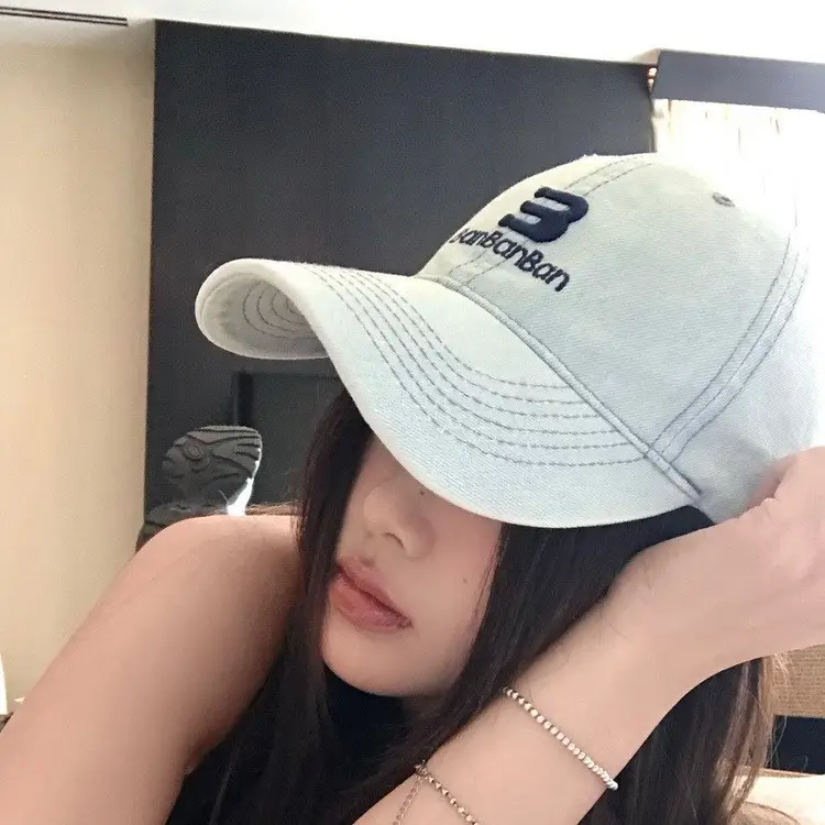Women Korean Embroidered Denim Cap Light Grey - Image 4