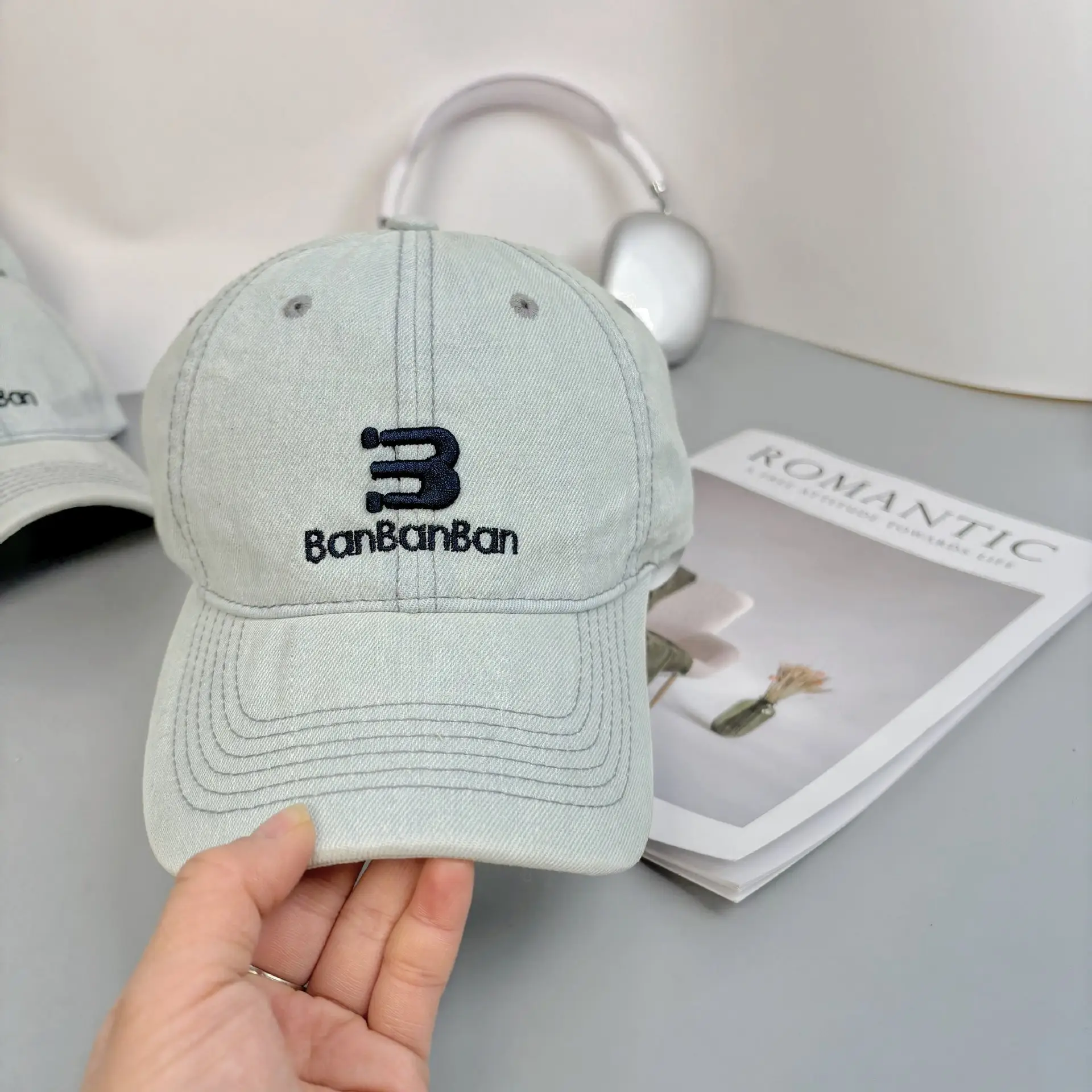 Women Korean Embroidered Denim Cap Light Grey — feature 5