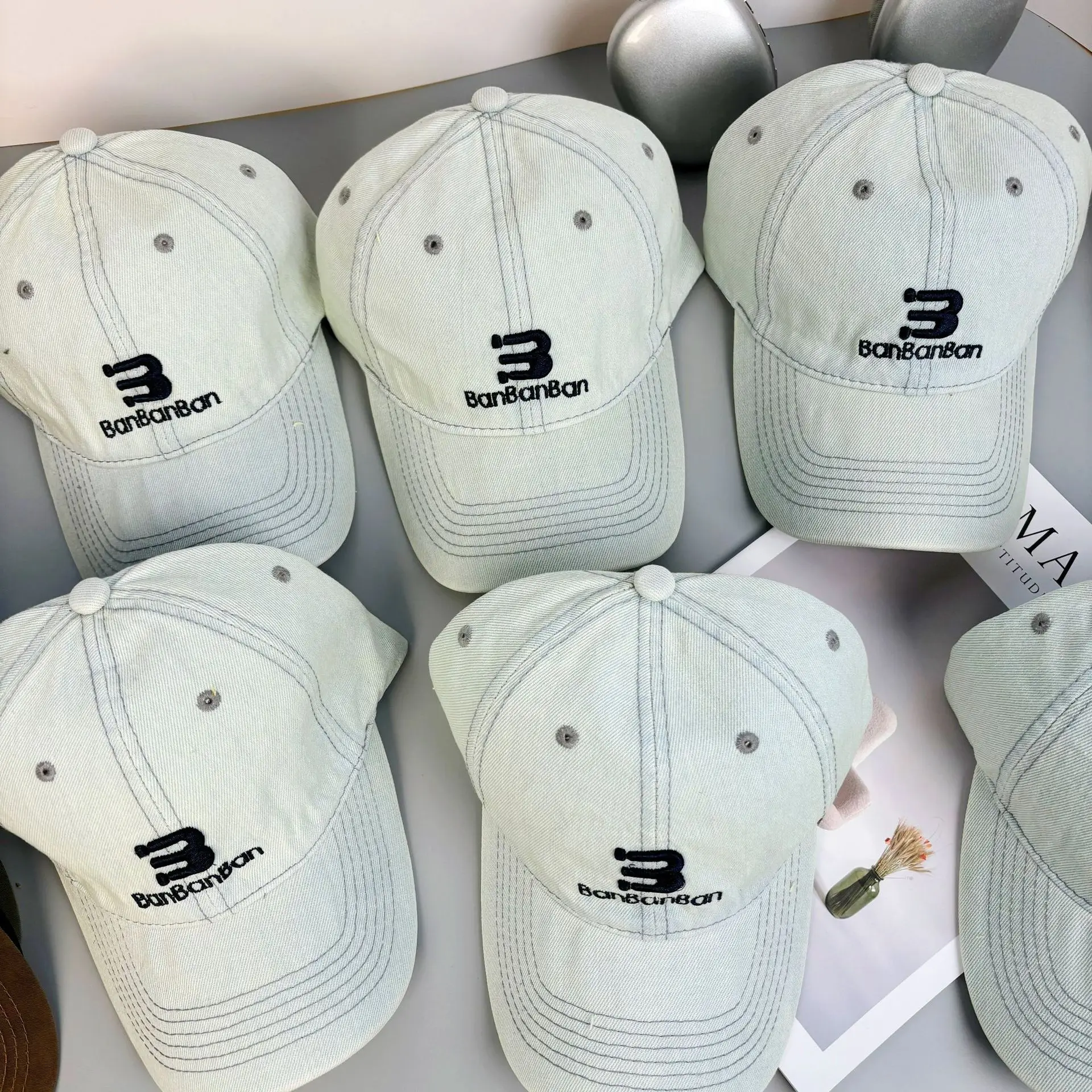 Women Korean Embroidered Denim Cap Light Grey — feature 6