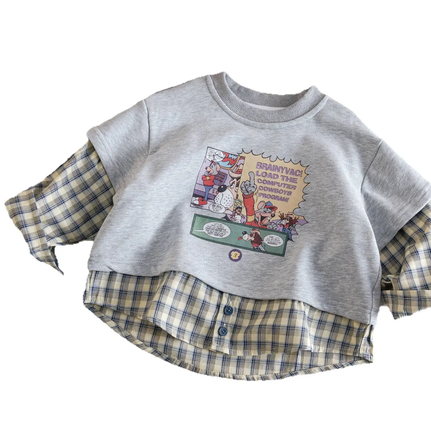 Girls Plaid Sleeve Grey T-Shirt 2025 Spring Fall - Image 5