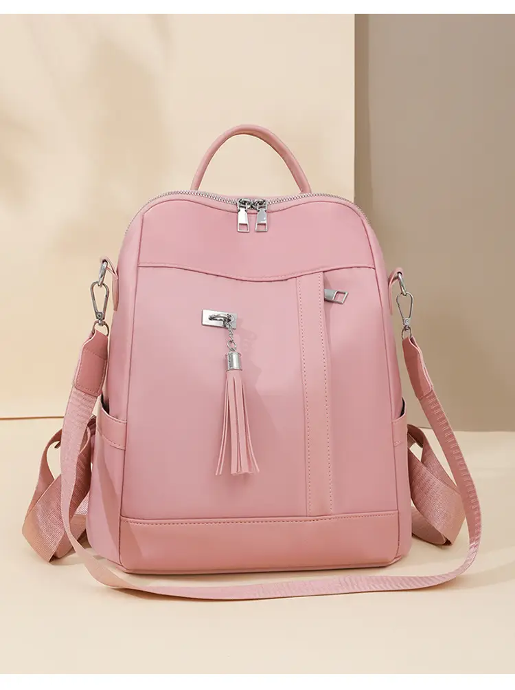 Pink Women's Shoulder Backpack with Tassel & Black Backup — feature 17