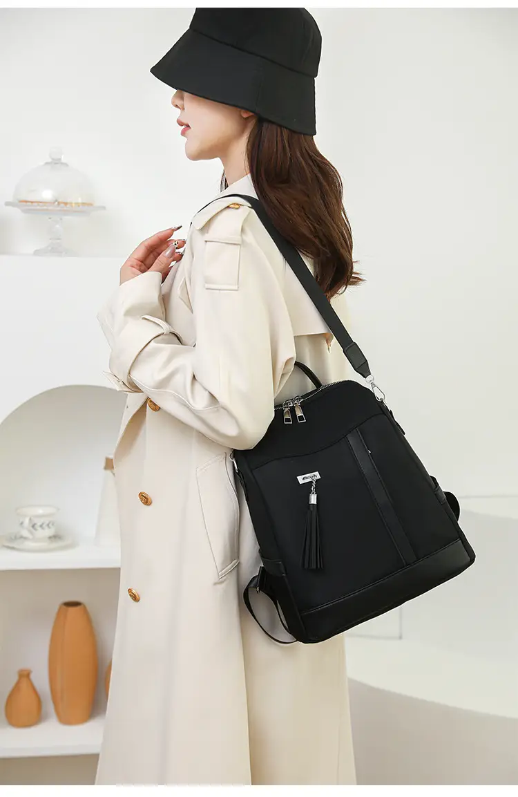Pink Women's Shoulder Backpack with Tassel & Black Backup — feature 29