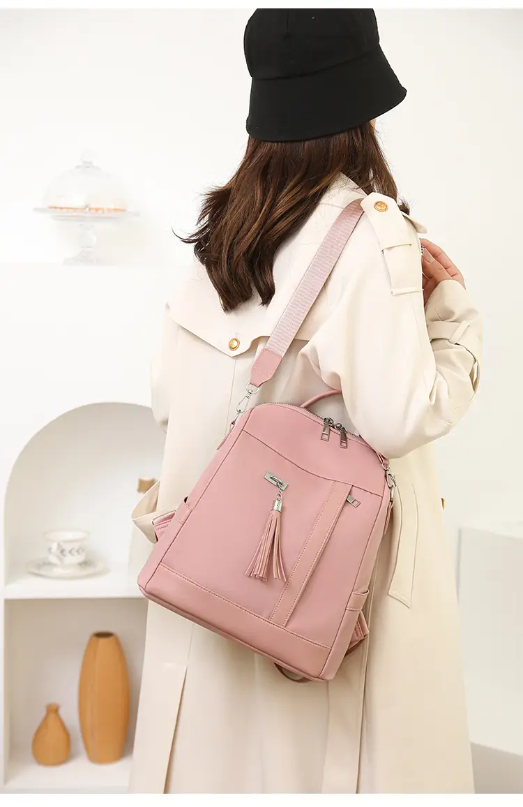 Pink Women's Shoulder Backpack with Tassel & Black Backup — feature 30