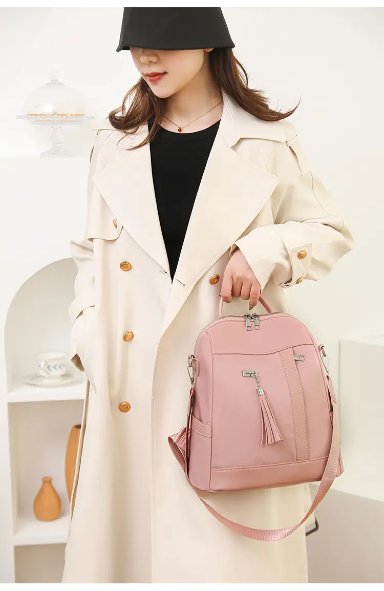 Pink Women's Shoulder Backpack with Tassel & Black Backup — feature 31