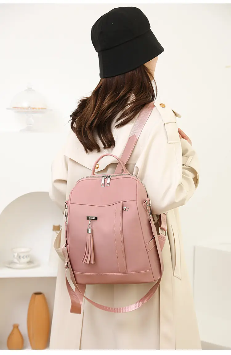 Pink Women's Shoulder Backpack with Tassel & Black Backup — feature 32