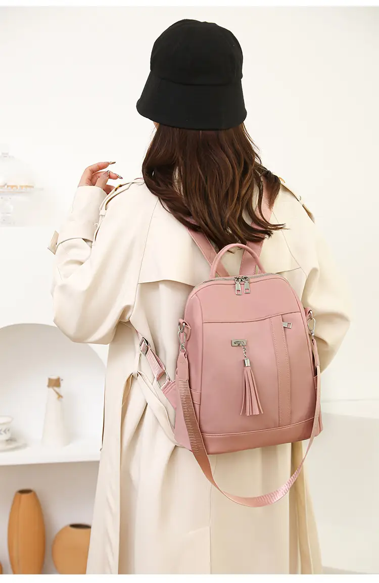 Pink Women's Shoulder Backpack with Tassel & Black Backup — feature 33