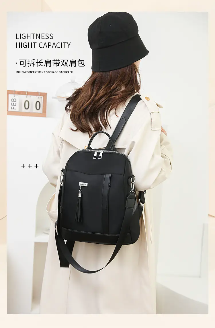 Pink Women's Shoulder Backpack with Tassel & Black Backup — feature 4