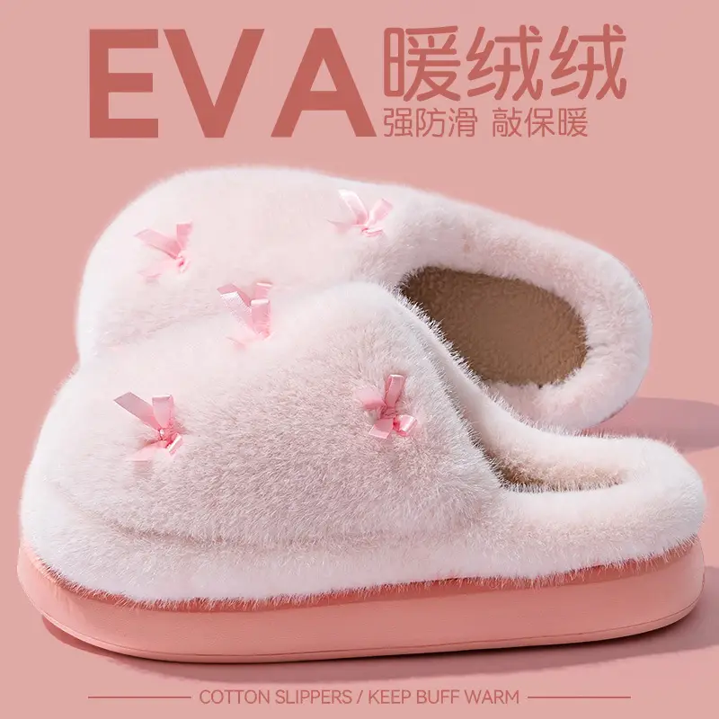 Bow Cotton Slippers for Women, Autumn and Winter Outer Wear 2025 New Fashion Internet Celebrity Super Popular Girl Warm Plush Cotton Slippers - Image 11